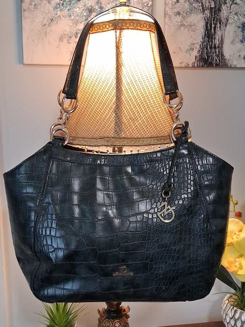 New Directions Black Croc-Embossed Tote Bag with Gold Hardware